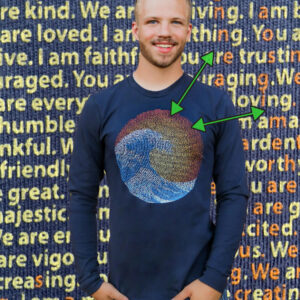 Product Image of our Great Wave design screen printed on a men's organic coton long sleeve tee and showing a zoomed in view of the design, which is made of affirmations.