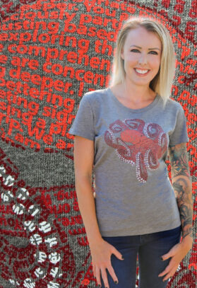 featured image of Think Possible Apparel's octopus design screen printed on a women's organic tee  in the color gray
