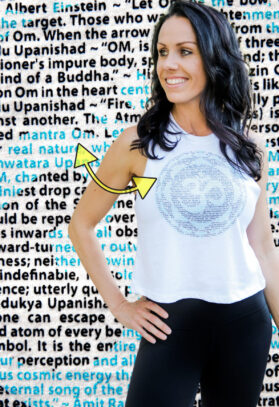 featured image of Think Possible Apparel's om design screen printed on a racerback cropped tank  in the color white