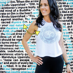 Product Image of our OM design screen printed on a women's crop tank top and showing a zoomed in view of the design, which is made of quotations about the meaning of the OM.